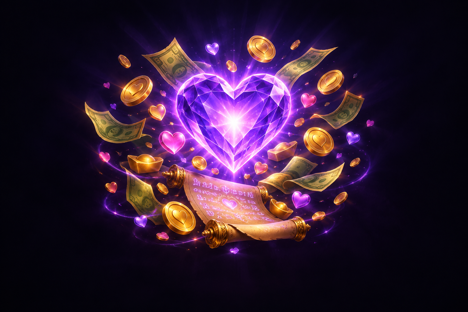 Coração de cristal violeta centralizado, cercado por moedas douradas, notas, bits e pergaminho de inscrição