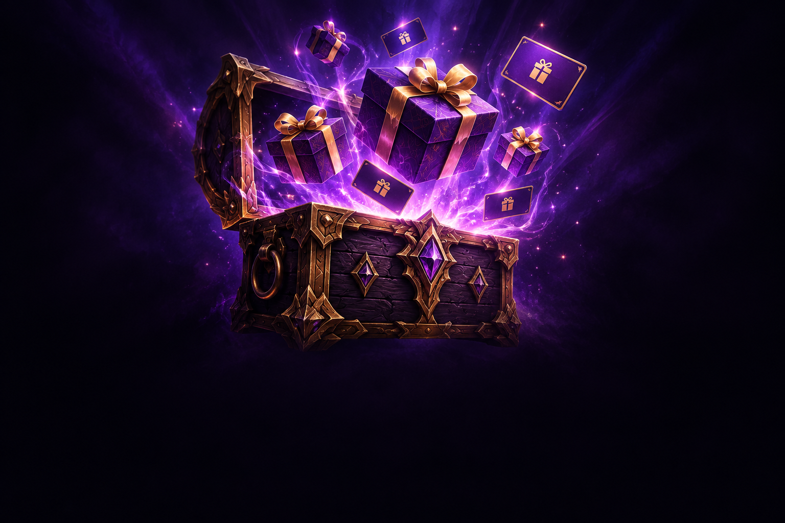 Arte de baú de loot lendário entreaberto com luz violeta para o sorteio de presentes